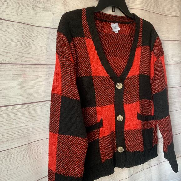 Cozy Co. by Cozy Casual Red and Black Plaid Sweater Cardigan Pockets Size S/M - Picture 10 of 13